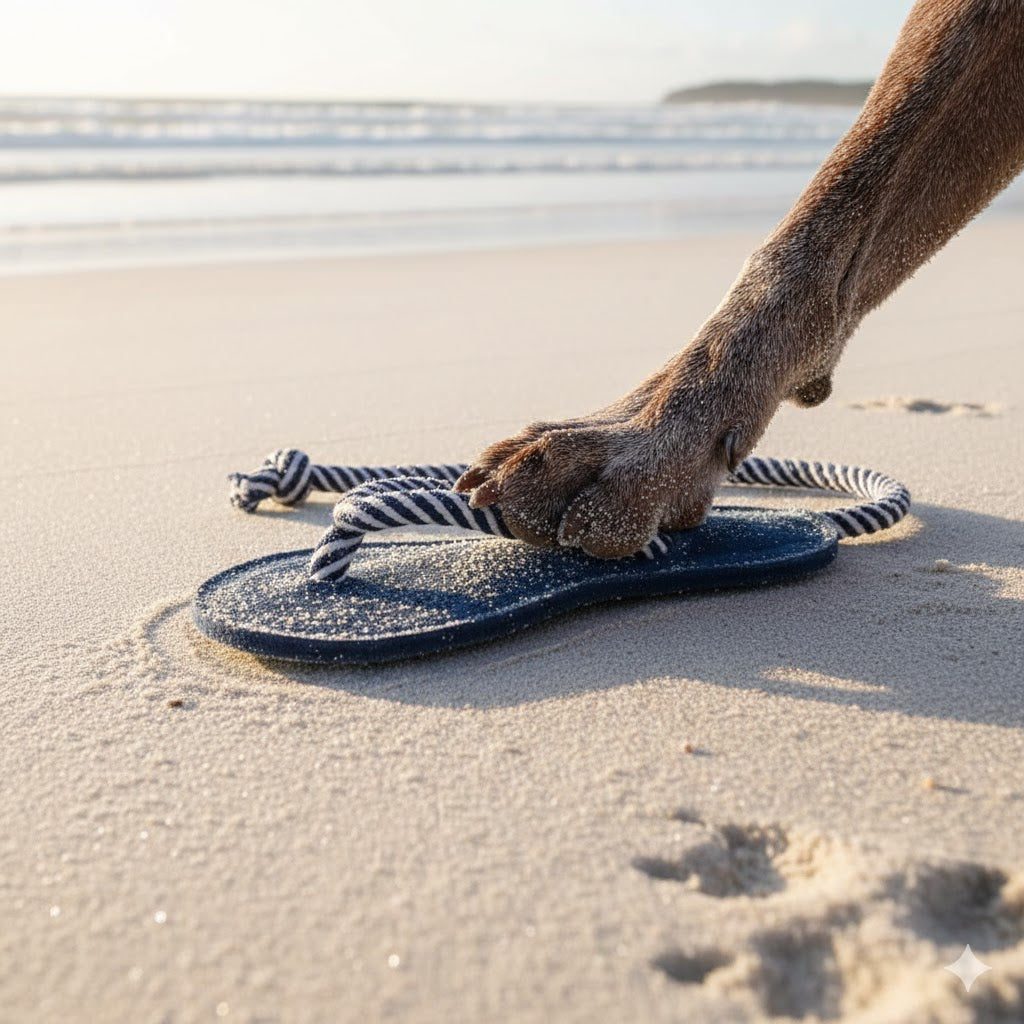 A second view of the Navy Chewy Jandal Teething Dog Toy by Georgie Paws, a navy suede sandal-shaped teething toy.