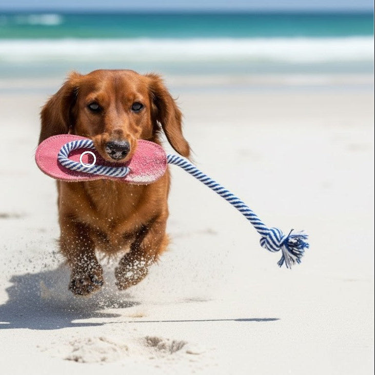 A brown dachshund runs on a sandy beach toward the camera, carrying a handmade blue-and-white rope toy with a pink rubber section in its mouth. The ocean and sky are visible in the background.