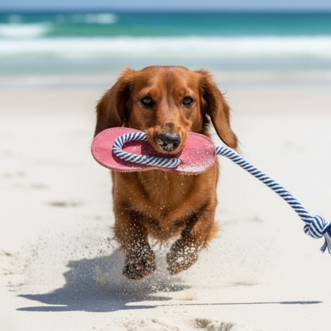 A brown dachshund runs on a sandy beach with the Georgie Paws Jandal - pink chew toy in its mouth, while ocean waves and a blue sky frame the lively scene.