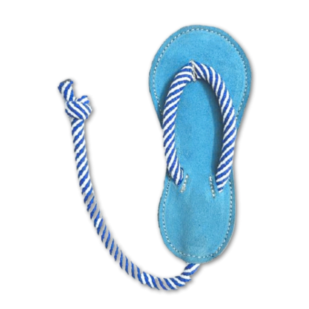 A Georgie Paws blue Jandal with white stripes and a knotted thong, isolated on a white background, showcasing a casual summer footwear design.