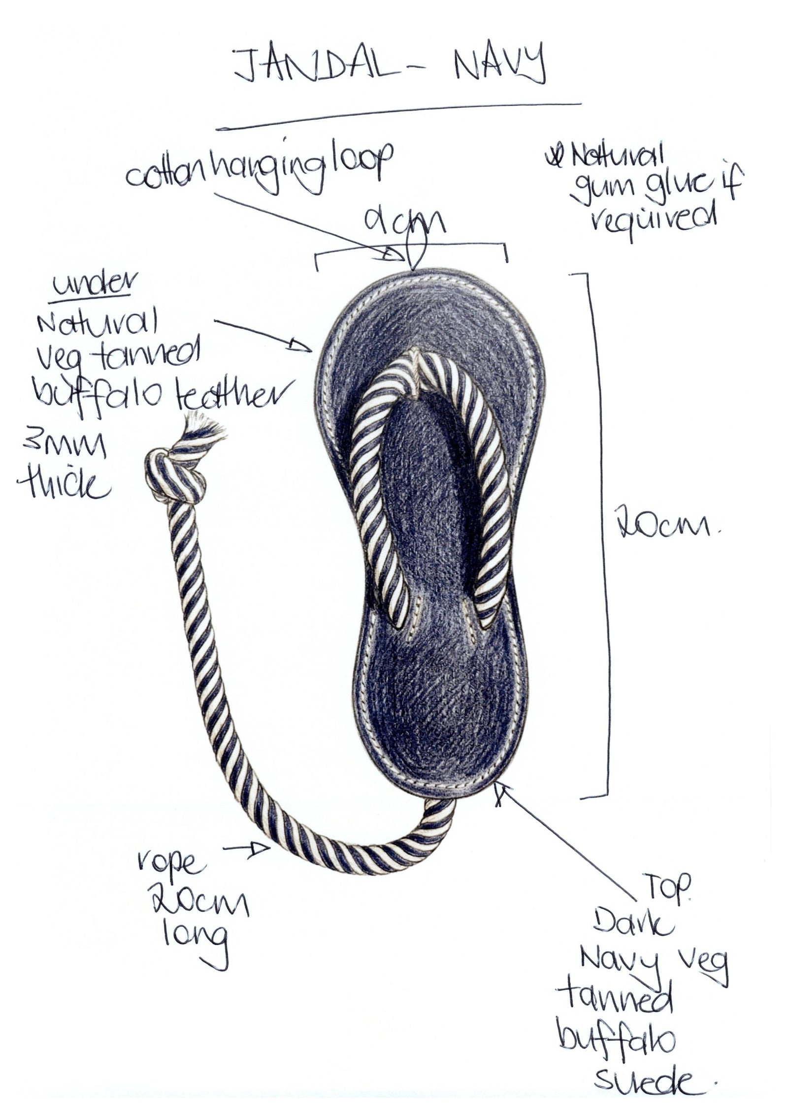 A hand-drawn diagram of Georgie Paws' Jandal - Navy chew toy, showing labels: 9cm wide, 30cm long, buffalo leather sole (3mm), rope strap (24cm), cotton loop, navy suede top, and optional natural gum glue.