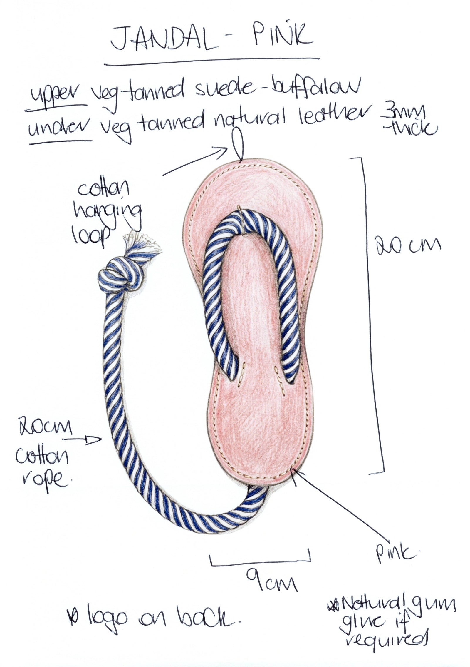 A hand-drawn diagram of the Georgie Paws Jandal - Pink shows a 20cm x 9cm earth-friendly sandal with striped cotton rope strap, hanging loop, 3mm leather upper, logo on the back, and detailed material annotations.