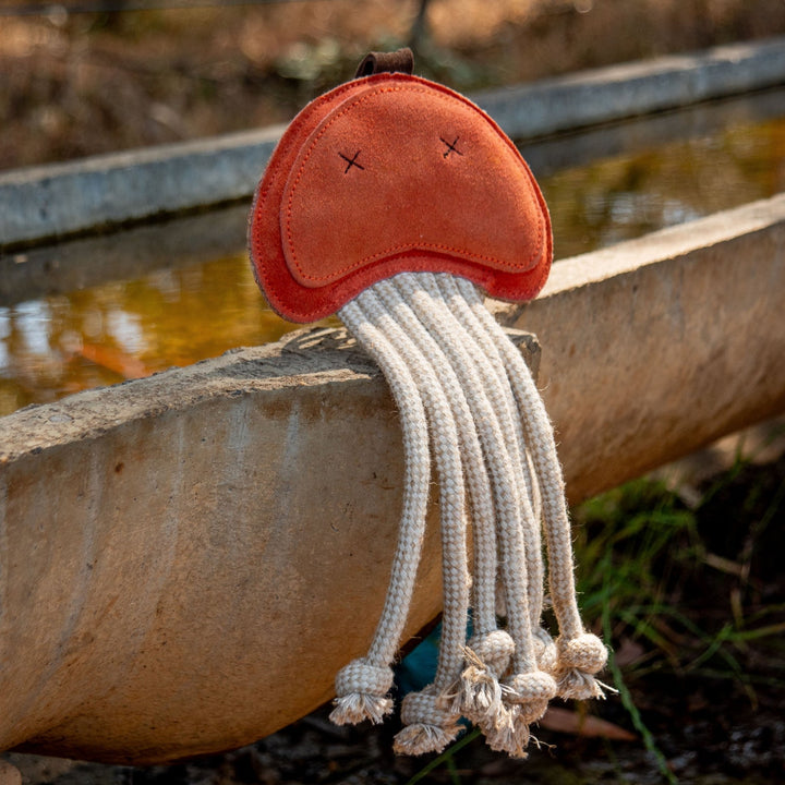 The Georgie Paws Joe Jellyfish Dog Toy in ochre, a handmade soft toy featuring stitched X eyes and long, white rope tentacles, drapes over the edge of a weathered concrete trough outdoors, with blurred water and dry grass in the background.