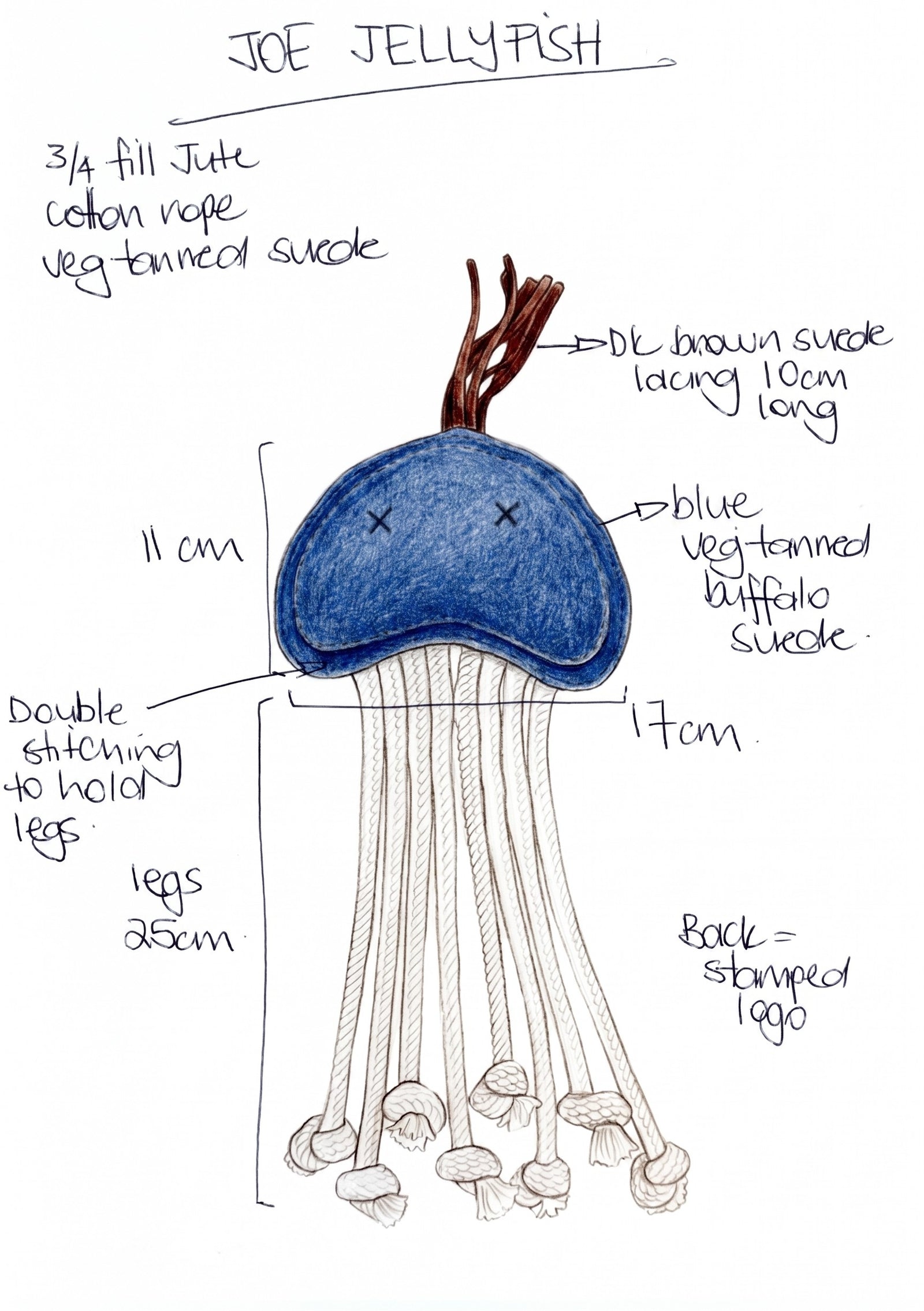 Hand-drawn labeled diagram of the Georgie Paws Joe Jellyfish Dog Toy - Storm: eco-friendly blue buffalo suede body (11cm), dark brown suede lacing (10cm), seven white rope legs (25cm each), and double stitching at leg joins.