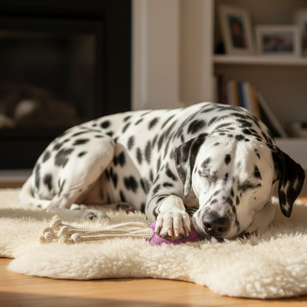 A Dalmatian with black spots lies on a fluffy cream rug in a sunlit room, eyes closed and gently holding the Georgie Paws Joe Jellyfish Dog Toy in purple. Behind, a fireplace is visible along with shelves of books and picture frames.