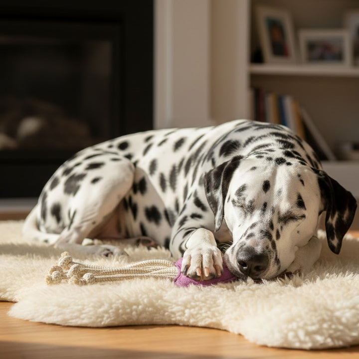 A Dalmatian with black spots lies on a fluffy cream rug in a sunlit room, eyes closed and gently holding the Georgie Paws Joe Jellyfish Dog Toy in purple. Behind, a fireplace is visible along with shelves of books and picture frames.
