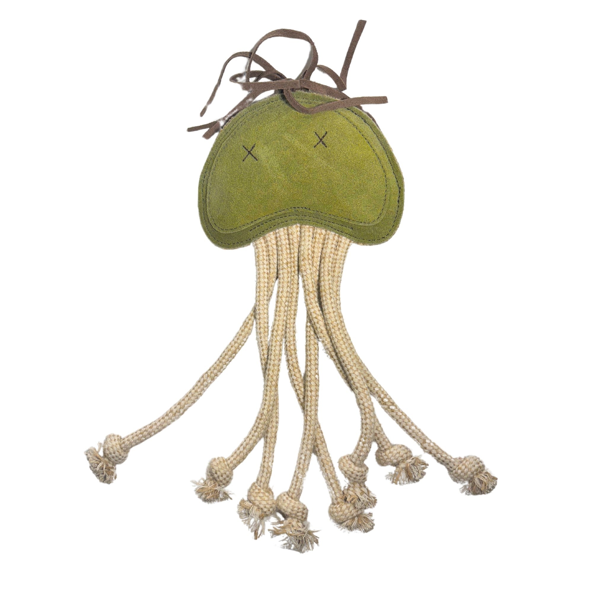 A decorative Joe Jellyfish - grass hanging piece, featuring a green plush top with an 'x' stitched as eyes and thin, cotton rope tentacles ending in knotted fringes, isolated on a white background. Brand: Georgie Paws