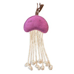 Introducing Joe Jellyfish - purple by Georgie Paws, a decorative ornament with a purple fabric top, brown felt tentacles, bead strands mimicking tentacles, and cotton rope legs. Its colorful design is enhanced against a plain white background.