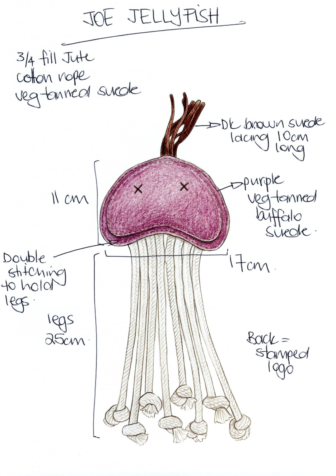 Illustration of the Georgie Paws Joe Jellyfish Dog Toy - Purple featuring an 11 cm purple suede top, 10 cm brown suede cord, eight 25 cm jute cotton rope legs, and double-stitched buffalo suede stamped with the logo. Eco-friendly design.