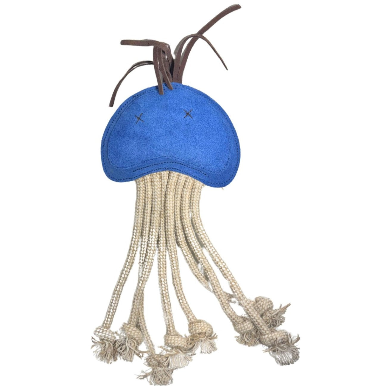 A blue Joe Jellyfish - storm cat toy with a soft, plush top and dangling cream-colored rope tentacles, each ending in a knotted tassel. The toy has stitched x-shaped eyes and brown Buffalo Suede ribbons at the top.