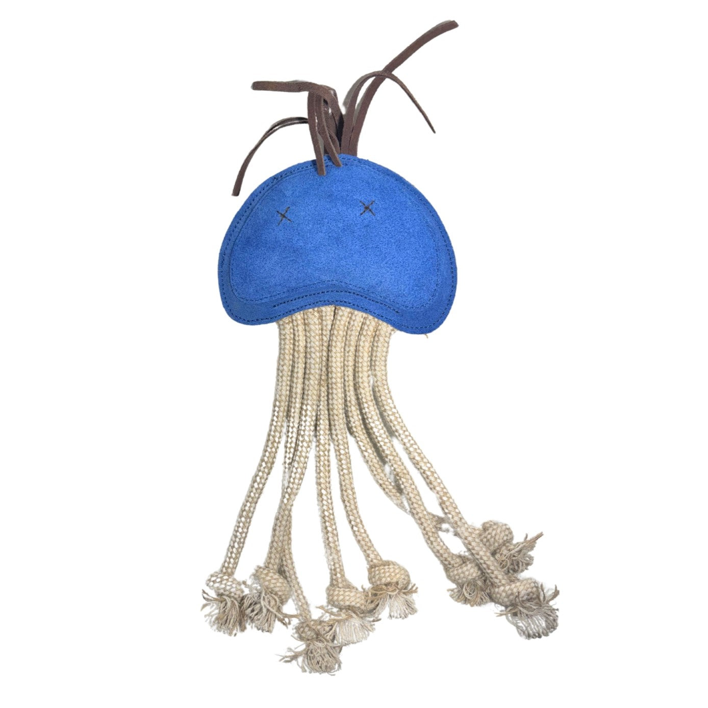 A blue Joe Jellyfish - storm cat toy with a soft, plush top and dangling cream-colored rope tentacles, each ending in a knotted tassel. The toy has stitched x-shaped eyes and brown Buffalo Suede ribbons at the top.