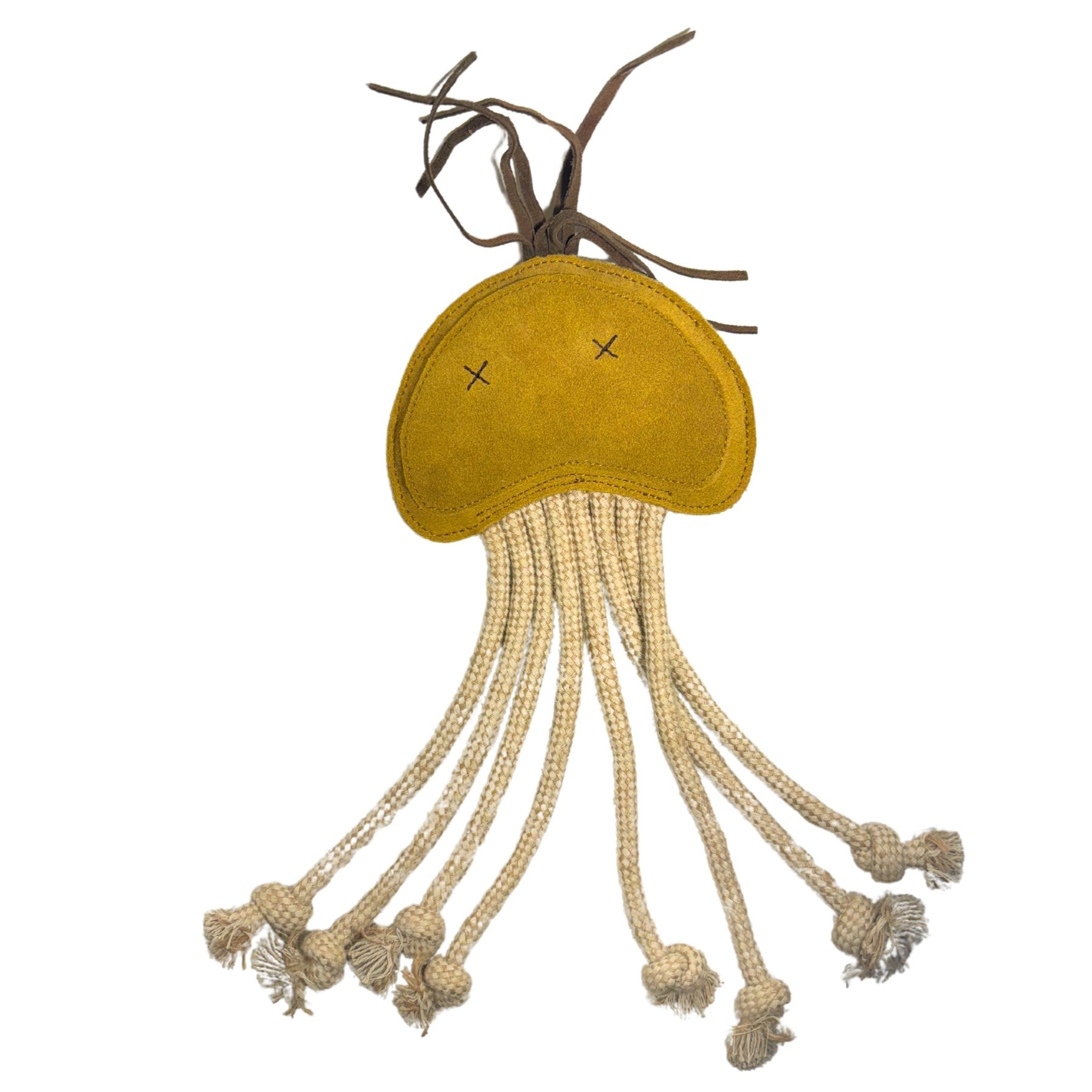 A Joe Jellyfish stuffed toy with a mustard yellow top marked with stitched "x" eyes, and long cream-colored tentacles made from eco-friendly cotton rope, ending in knotted details, isolated on a white background by Georgie Paws.