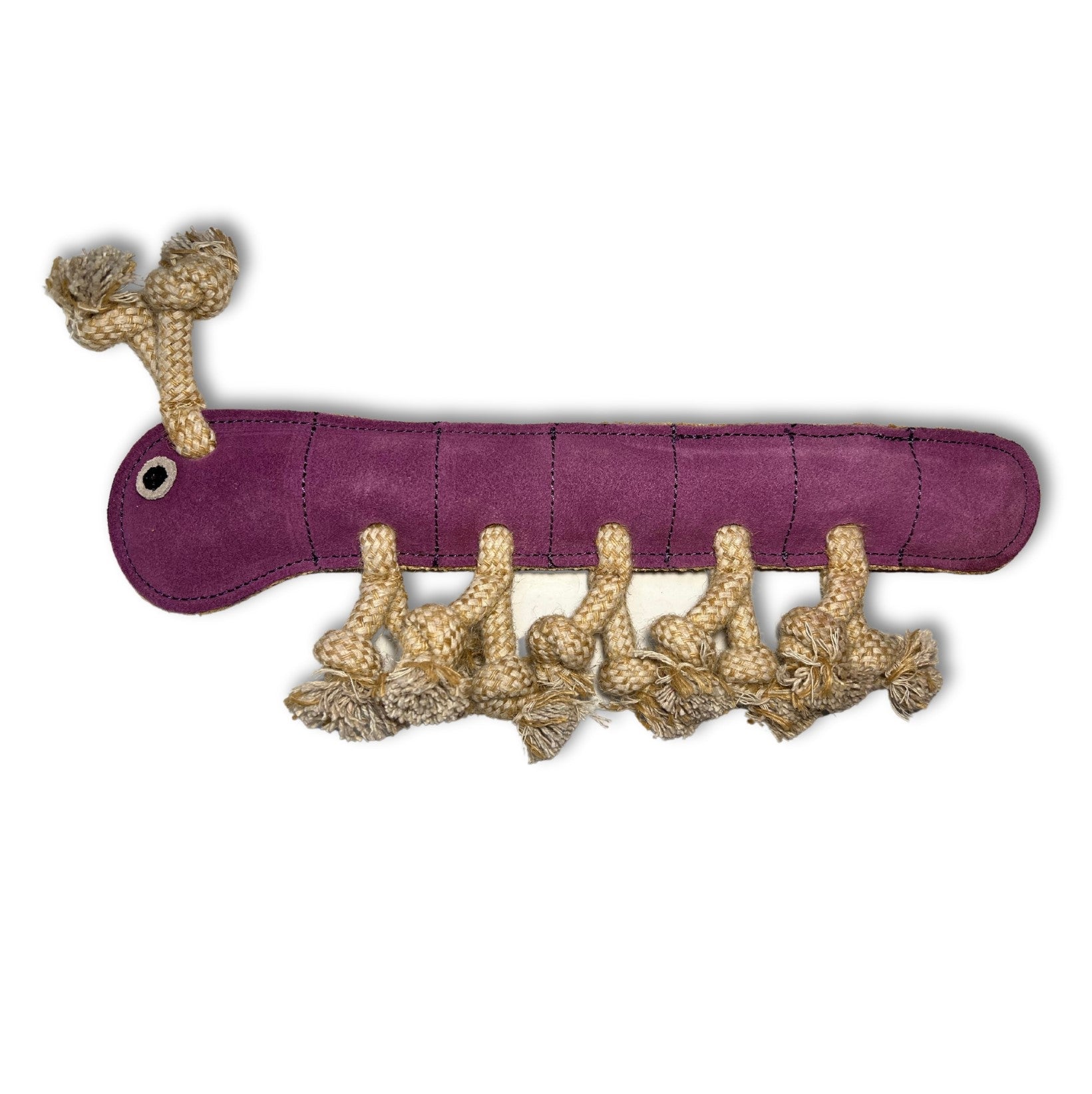 A purple sustainable buffalo leather and rope dog toy shaped like Gerti the Grub. It features a plush body with stitched segments, several knotted rope legs protruding from each side, and a playful rope tail by Georgie Paws.