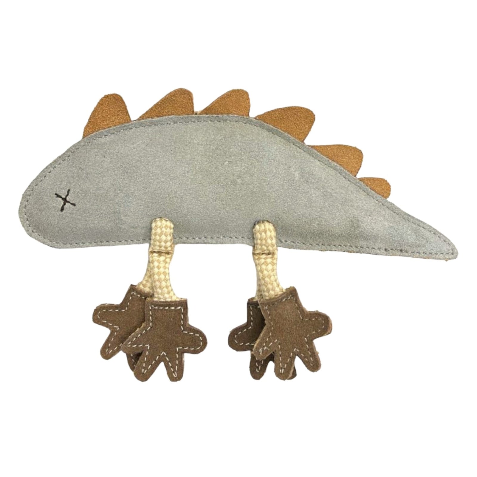 Larry Lizard - Blue by Georgie Paws is a soft, blue fabric dinosaur toy featuring brown felt spikes along its back, two rope legs with brown felt feet, and a stitched X for an eye. Made from sustainable materials, it has a simple, cartoon-like appearance with playful and friendly features.