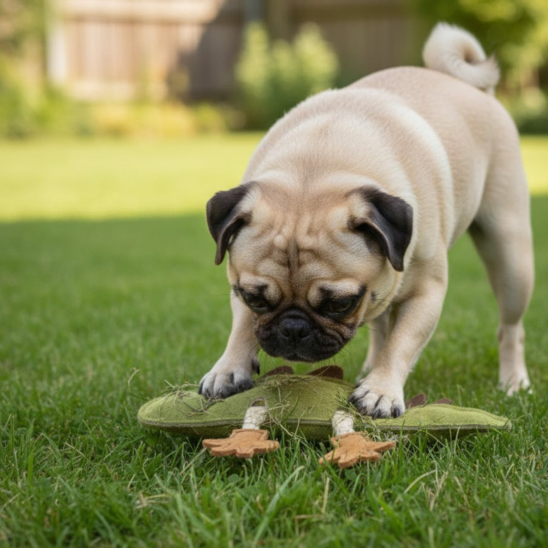 A fawn-colored pug stands on a grassy lawn, looking down at the Georgie Paws Larry Lizard Dog Toy in green beneath its paws. The background showcases a blurred wooden fence and lush green shrubs, evoking a backyard setting on a sunny day. The scene highlights the dog's playful interaction with this natural, handmade toy from Georgie Paws.