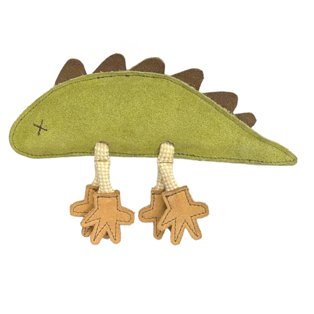 Introducing the Larry Lizard Dog Toy - Green by Georgie Paws: a flat, cartoon-style plush toy shaped like a green lizard with brown felt spikes on its back, an X-shaped stitched eye, and two beige cord legs ending in tan felt claws. Designed to be plastic-free and sustainable.