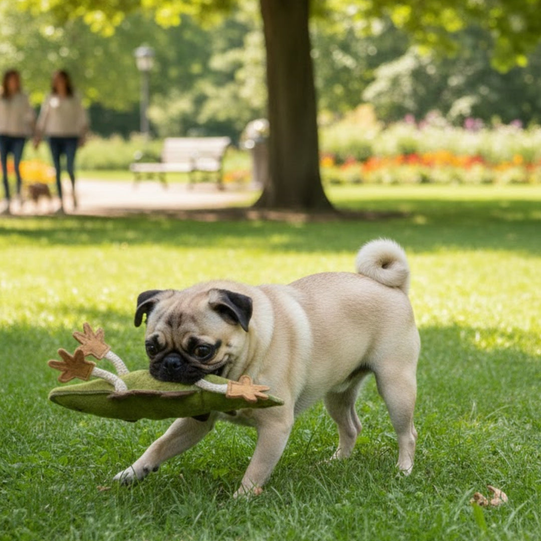 A tan pug stands on green grass in a park, holding the Georgie Paws Larry Lizard Dog Toy—an artisan-made plush in green. Two blurred people walk in the background among trees and colorful flowers, with sunlight filtering through the leaves.