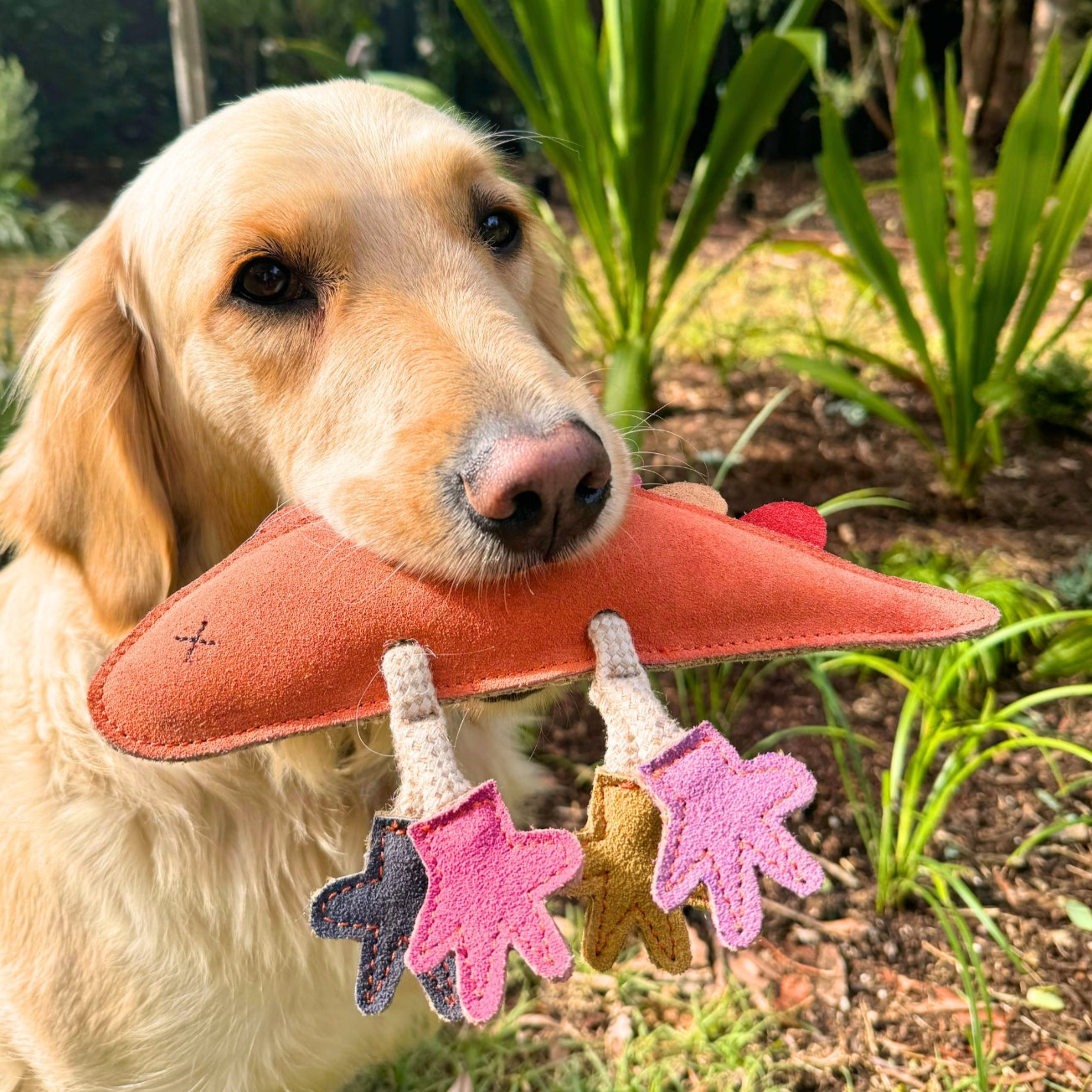 A golden retriever plays with the eco-friendly "Larry Lizard - rainbow," a plush toy by Georgie Paws, featuring vibrant colors. The dog joyfully holds it in its mouth amid a garden scene filled with lush greenery and sunlight filtering through.