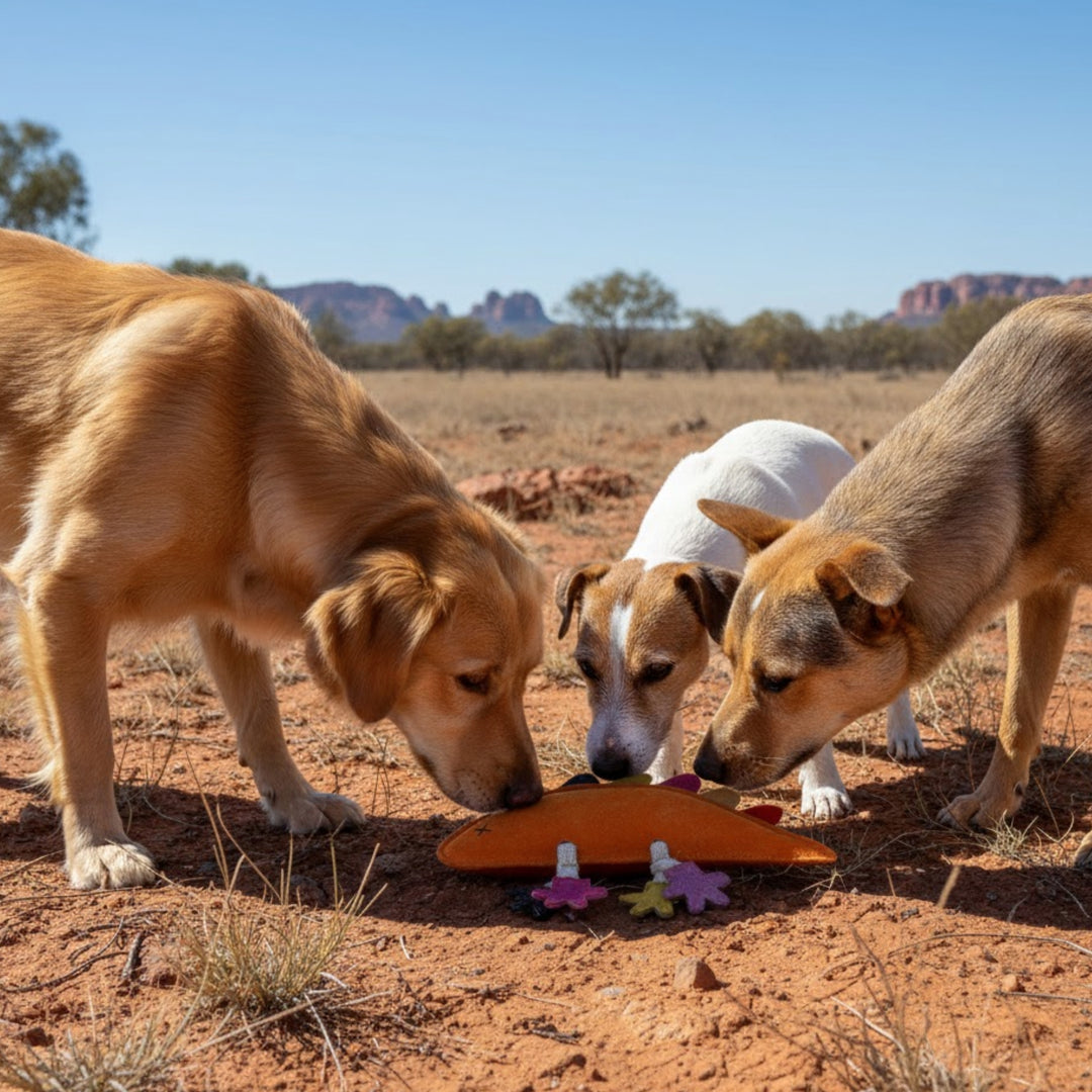 Three dogs stand on reddish-brown dirt in an open, dry landscape, sniffing the Georgie Paws Larry the Rainbow Lizard Dog Toy. The sky is clear and blue, with sparse trees and rocky formations in the distant background.