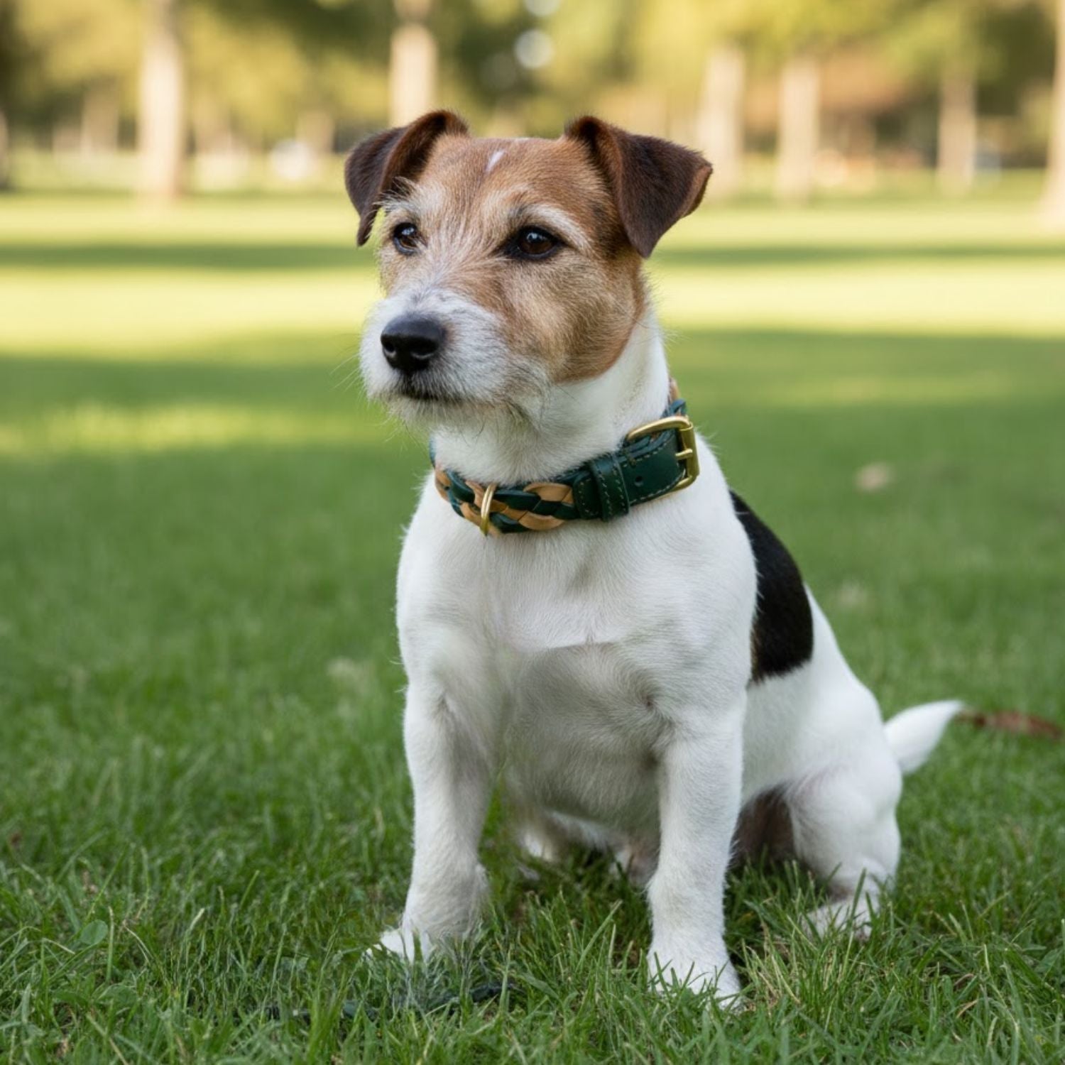 An alert small brown, black, and white dog with pointy ears sits on green grass in a sunny park, wearing the Georgie Paws LuLu Collar - Chive, a handmade green collar with a gold buckle crafted from vegetable tanned buffalo leather. Blurred trees and sunlight add to the background.