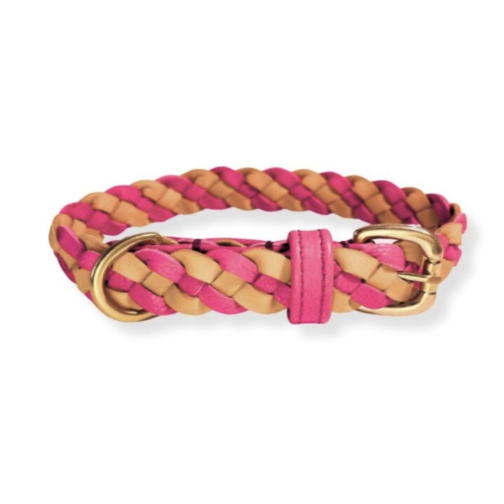 Introducing the LuLu Collar - Hot Pink by Georgie Paws, a handmade braided accessory featuring strips of hot pink and tan vegetable-tanned buffalo leather. The collar is finished with a gold buckle and D-ring, and when laid flat on a white background, its intricate woven texture stands out. A hot pink strap secures the end neatly near the buckle.