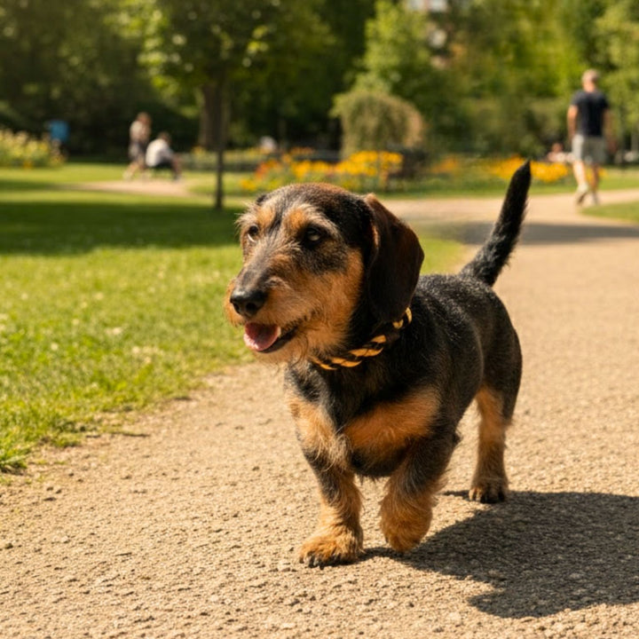 A small, brown and black wire-haired dachshund walks on a sunlit park path, happily wearing the Georgie Paws LuLu Collar - Chicory. Green grass surrounds the dog, with blurred people in the background.