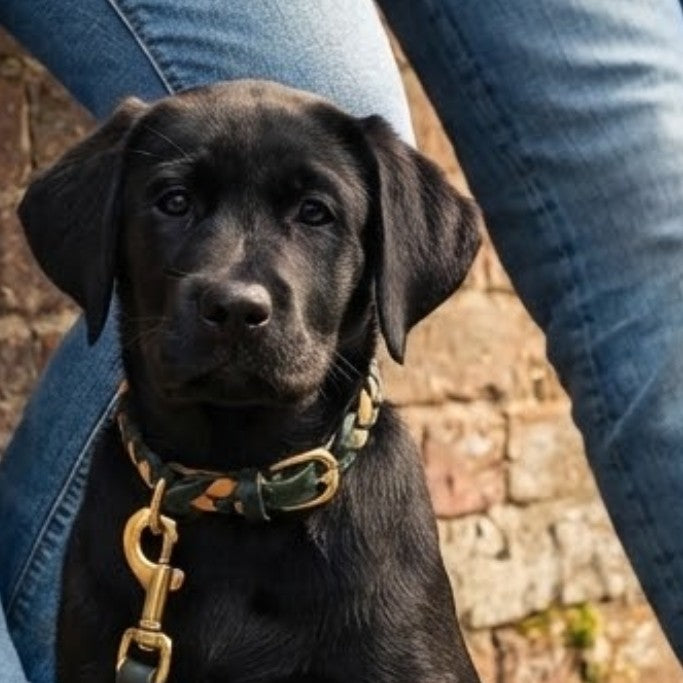 Georgie Paws LuLu Dog Lead in Chive, green braided buffalo leather with brass clip