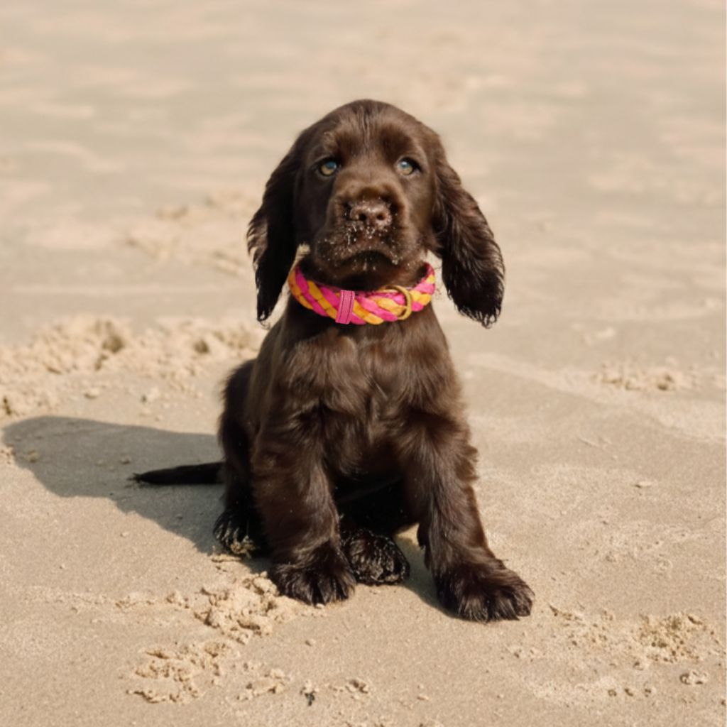 A small, fluffy brown puppy with long ears sits on smooth sand, wearing the Georgie Paws LuLu Collar in hot pink. Sand dusts its nose and mouth as it gazes upward with bright blue eyes; no other objects are visible in the background.