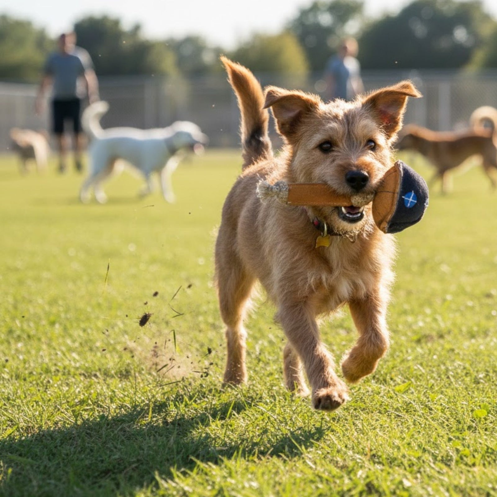 At a sunlit park, a happy brown dog sprints energetically across the grass, ears flopping and dirt flying from its paws as it proudly carries the Georgie Paws Maisy the Mushroom Dog Toy in Blue. In the background, other dogs and people appear blurred, capturing a lively moment of play.