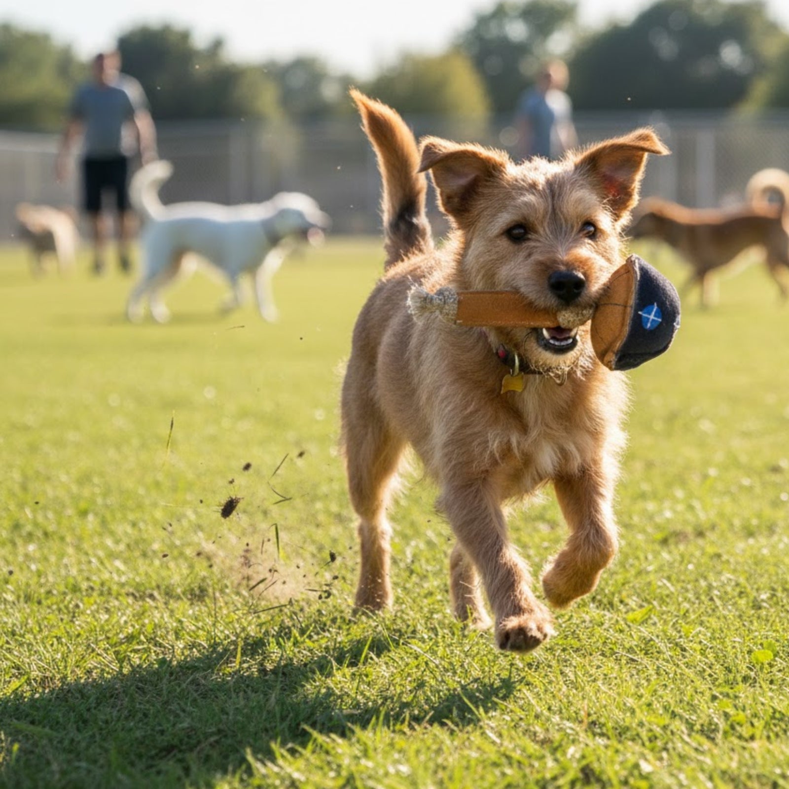A small brown dog runs on green grass, carrying a Georgie Paws Maisy the Mushroom Dog Toy – blue, made from sustainable buffalo suede and coconut fibre. Other dogs and two people blur in the sunny background of this lively dog park scene.