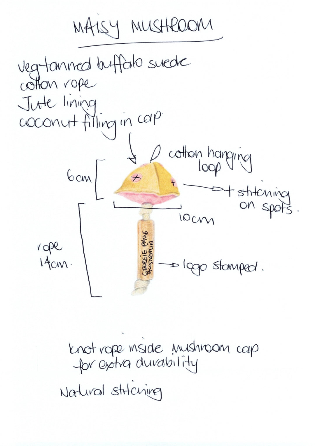A hand-drawn diagram of Georgie Paws’ Maisy the Mushroom Dog Toy – Gold shows its suede cap, jute stem, cotton rope, hanging loop, logo stamp, stitching details, an inner knot for durability, and dimensions.
