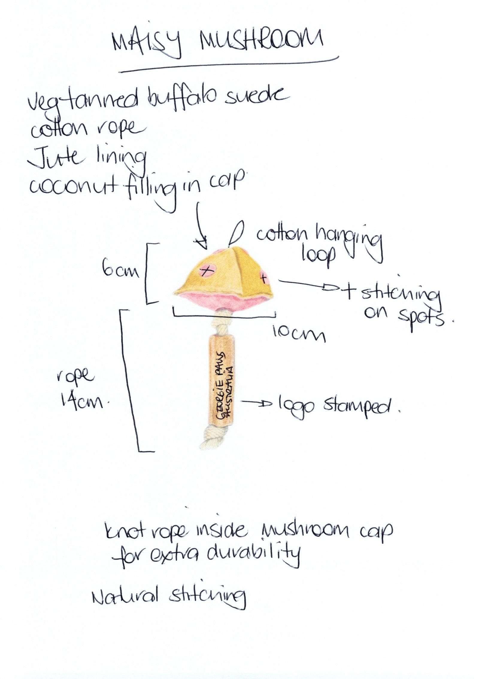 A hand-drawn diagram of Georgie Paws’ Maisy the Mushroom Dog Toy – Gold shows its suede cap, jute stem, cotton rope, hanging loop, logo stamp, stitching details, an inner knot for durability, and dimensions.