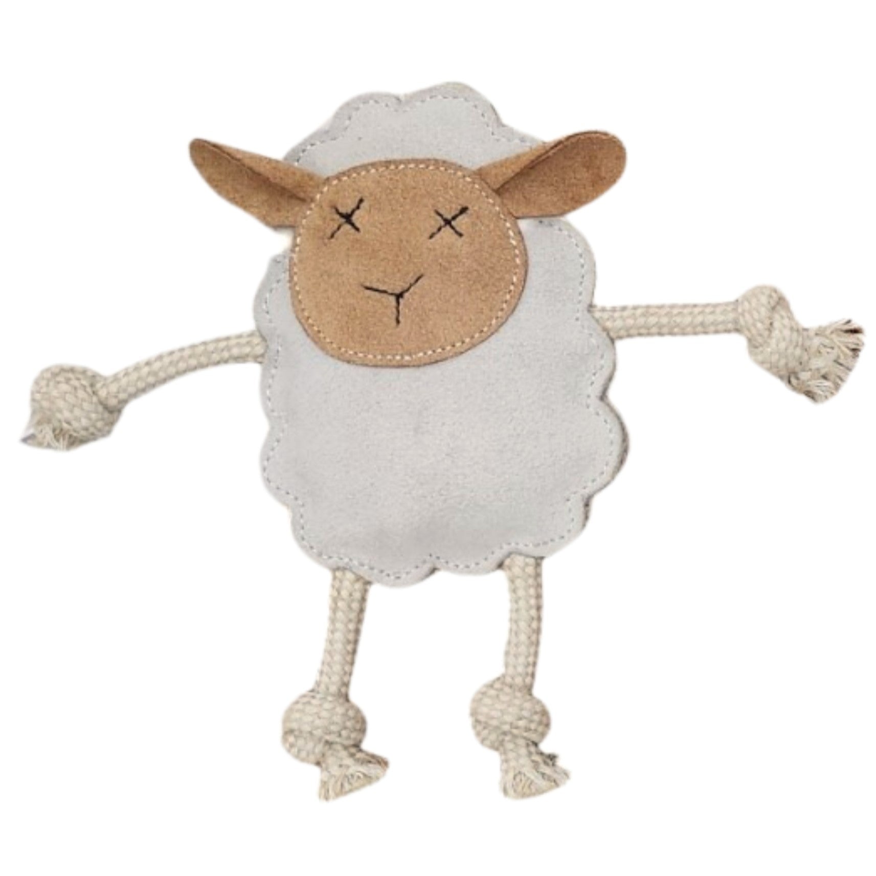 Introducing Mary the Lamb - chalk from Georgie Paws, an eco-friendly soft toy crafted from white fabric with a beige face and brown ears. This adorable sheep features stitched black crosses for eyes and a simple stitched mouth. Its arms and legs are made of knotted, textured ropes with frayed ends like tassels, making it the perfect sustainable chew toy.