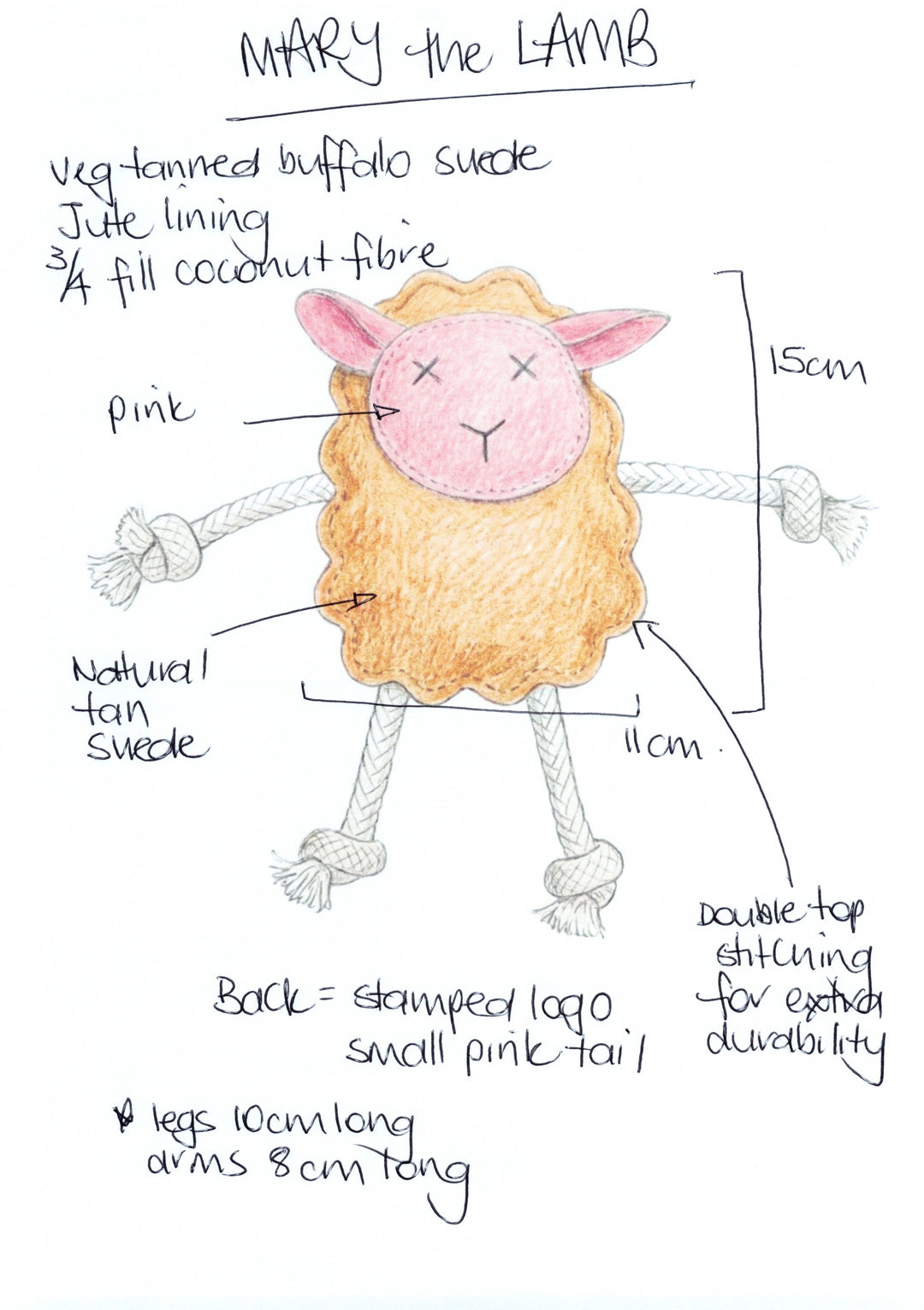 Mary the Lamb - Natural by Georgie Paws is a sustainable dog toy with a pink face, tan suede body, rope limbs, double-top stitching, compostable materials, stitched details, and a small pink tail.