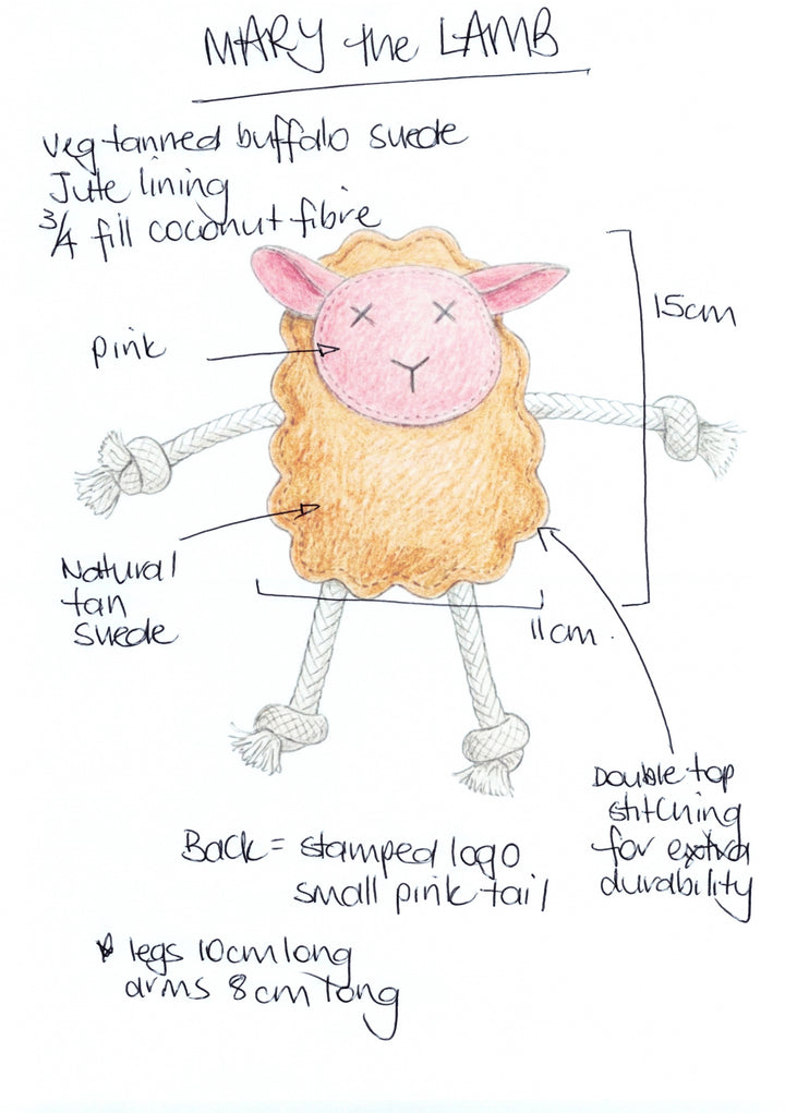 Mary the Lamb - Natural by Georgie Paws is a sustainable dog toy with a pink face, tan suede body, rope limbs, double-top stitching, compostable materials, stitched details, and a small pink tail.