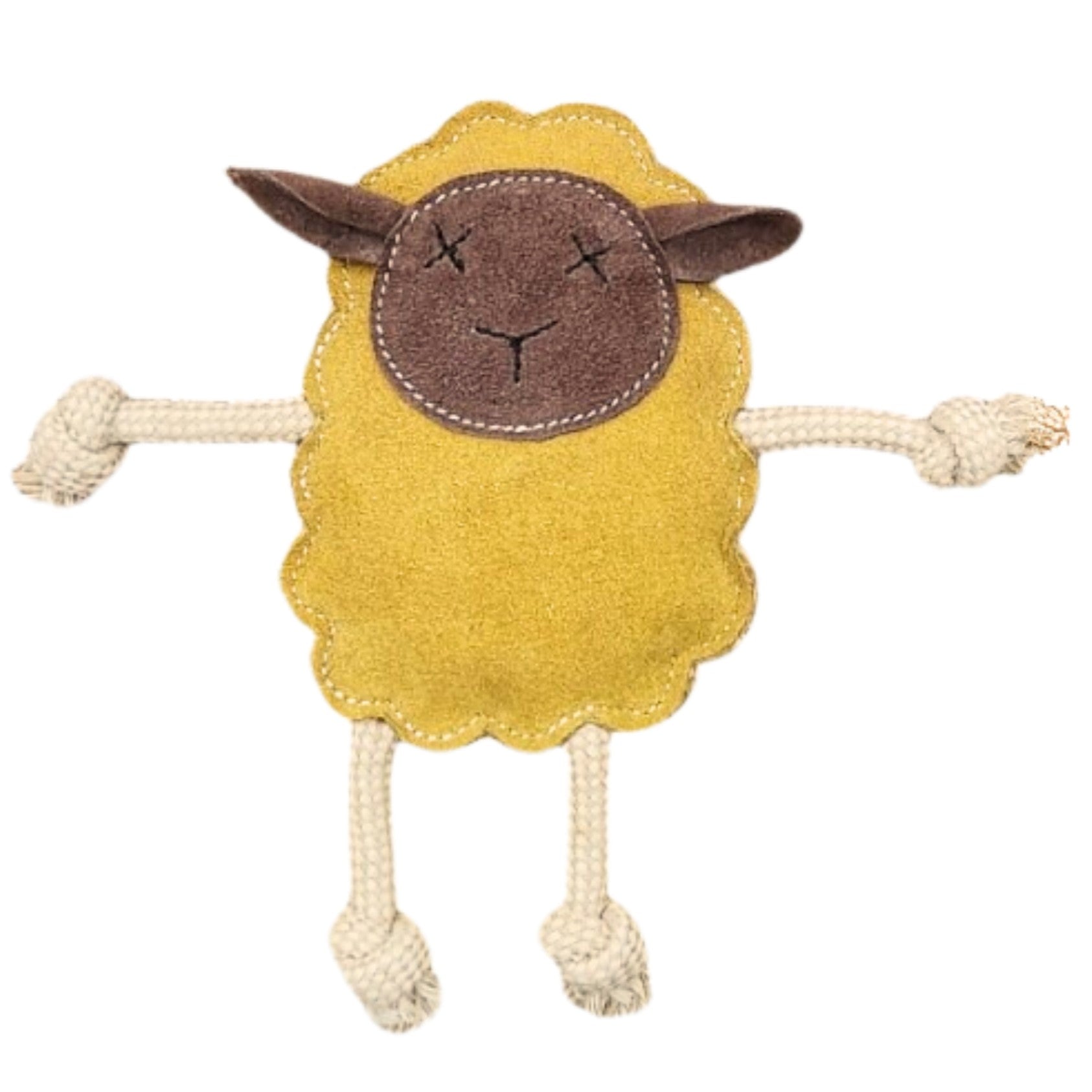 Introducing Mary the Lamb - Gold by Georgie Paws: This eco-friendly fabric toy is shaped like a sheep and features a yellow, scalloped body with a brown face. Designed as a chew toy, it comes with two floppy brown ears and an embroidered face showing X's for eyes and a small smile. Knitted white limbs with knotted ends that look like hands and feet complete the charming design.