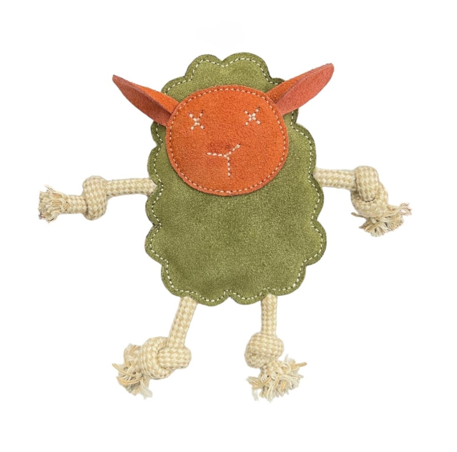 Introducing Mary the Lamb - grass by Georgie Paws: a delightful fabric toy shaped like a sheep, featuring a green fuzzy body and an orange stitched face. It boasts four tan knotted rope limbs, with two serving as arms and two as legs. Crafted from high-quality buffalo leather, this eco-friendly pet toy includes simple stitched facial details and whimsical orange ears.