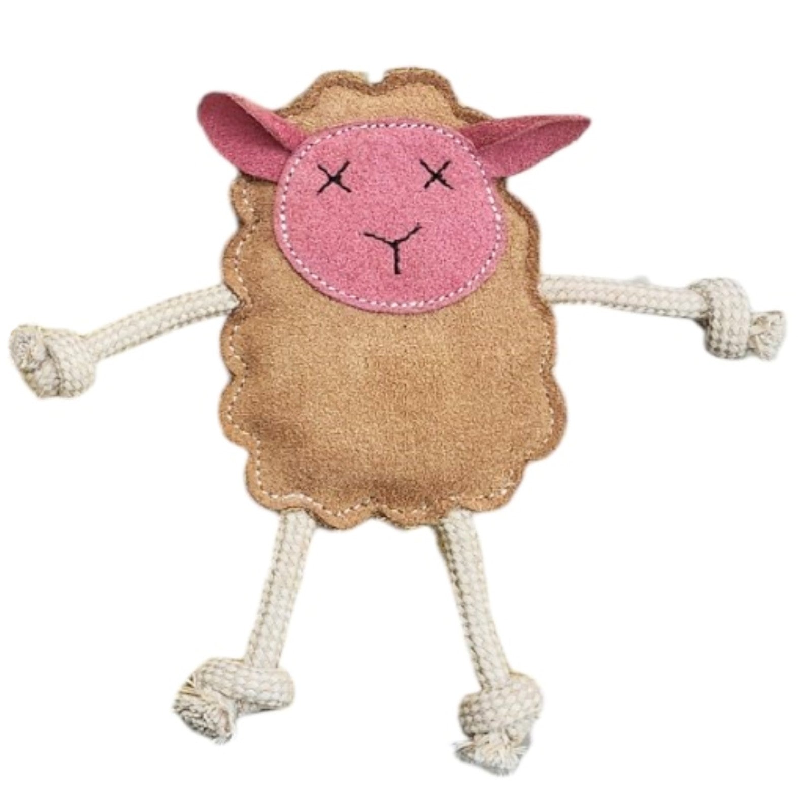 Introducing Mary the Lamb by Georgie Paws, a charming and eco-friendly chew toy designed for any pet. This adorable plush sheep features a light brown, scalloped body and a pink face with stitched Xs for eyes and a simple mouth. It also has pink triangular ears and four white rope limbs with knotted ends, giving it an endearing and playful look.