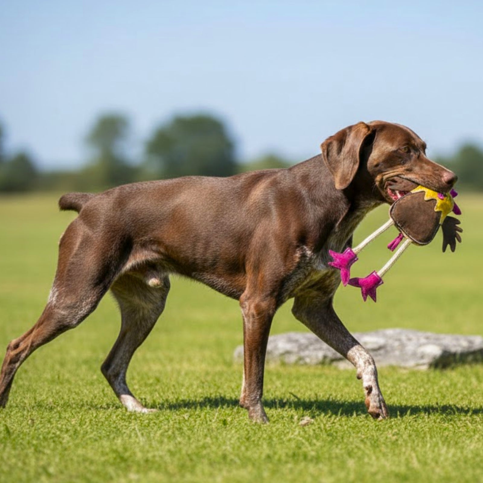 A brown dog with white patches walks on green grass, carrying the Georgie Paws Matilda the Chicken - Brown, a biodegradable bird-shaped dog toy with pink wings and yellow feet, in a sunny field with trees and a large stone.