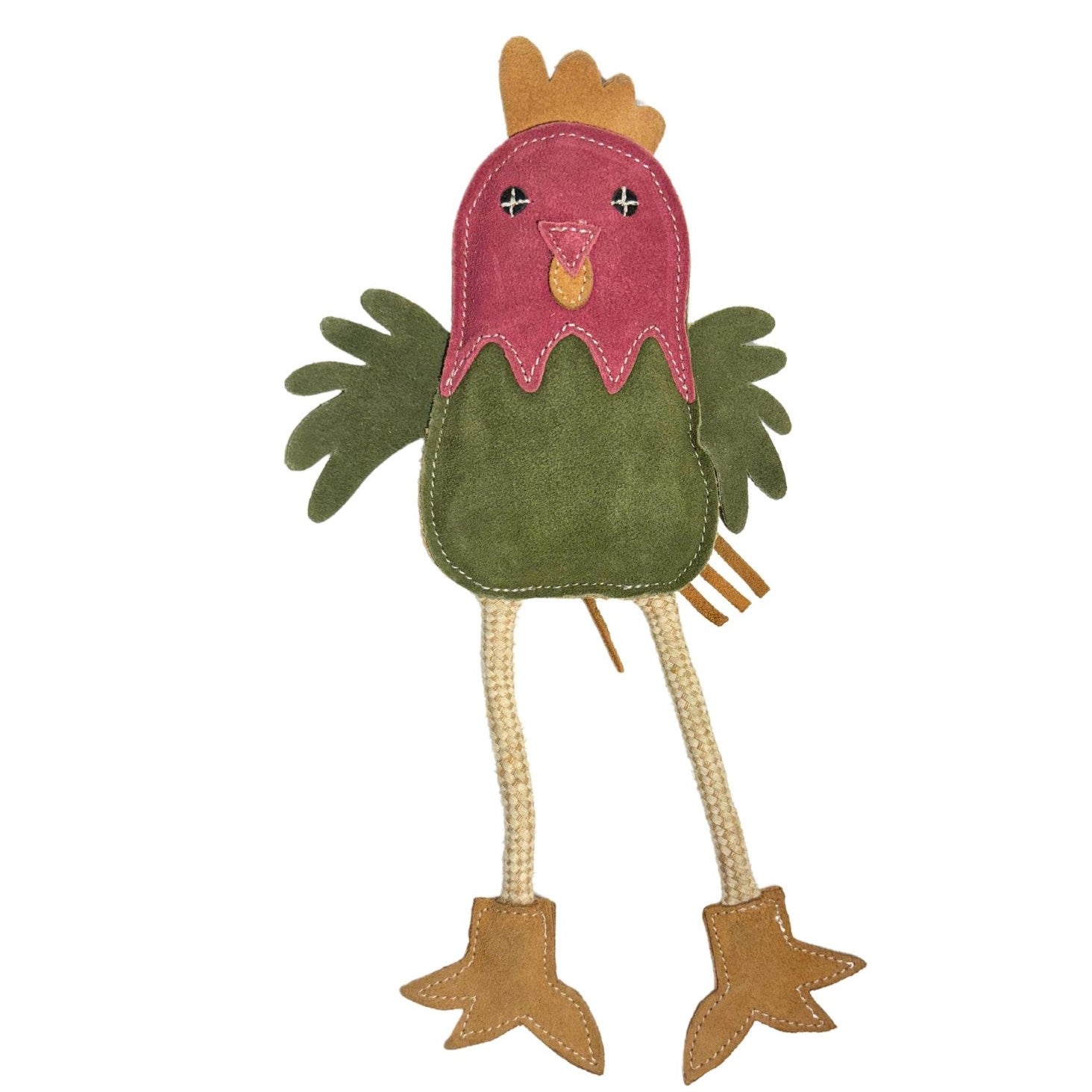 Introducing Matilda the Chicken - Chive by Georgie Paws: This plush toy, designed to resemble a colorful rooster, features a pink face and comb, green wings and body. It showcases a charming patchwork design with button eyes and brown felt feet, accompanied by long string legs. Crafted from soft fabric with intricate stitched detailing, it includes sustainable Buffalo Suede accents for an eco-friendly touch.