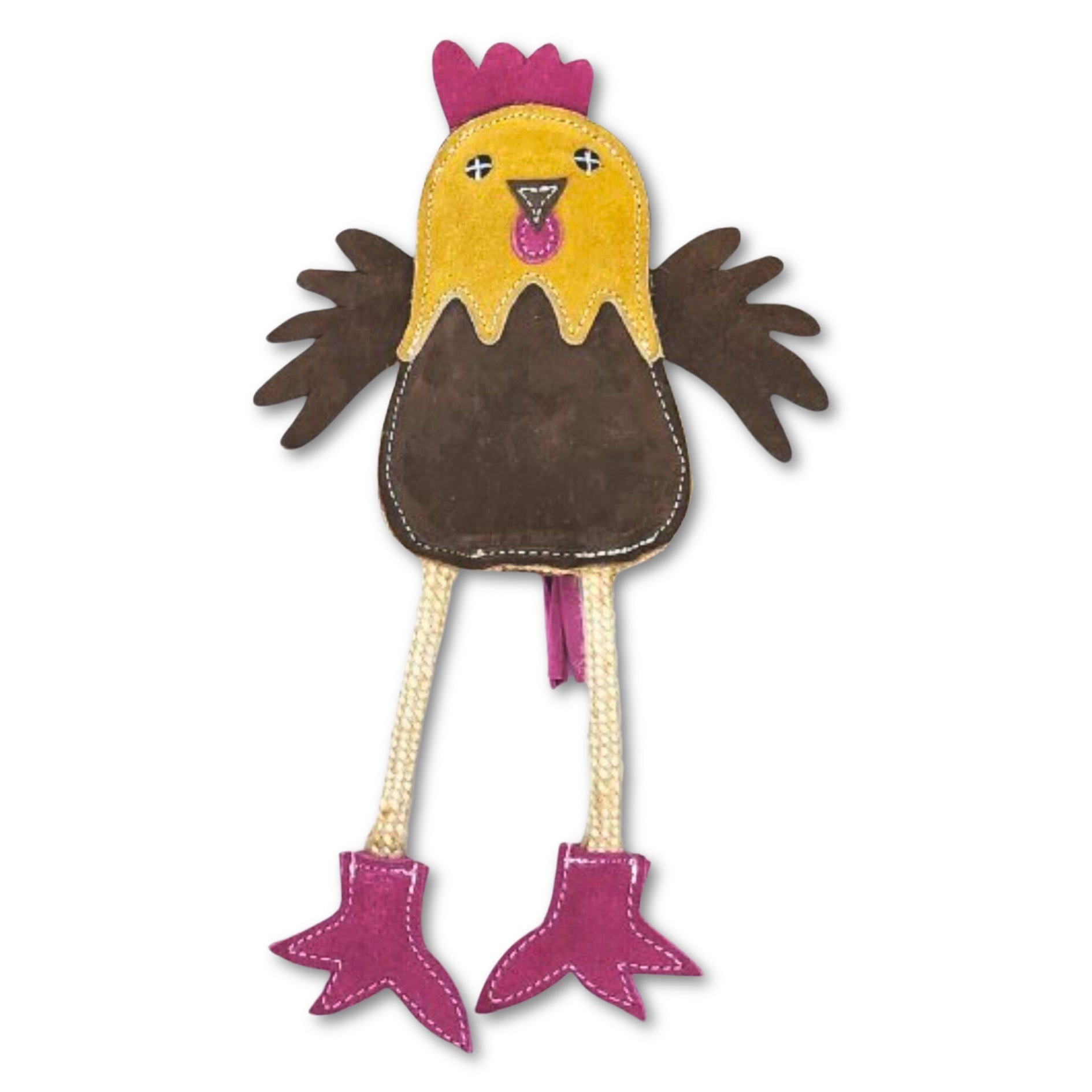 A cute chewtoy, Matilda the Chicken - Brown toy rooster with pink boots by Georgie Paws, is compostable.