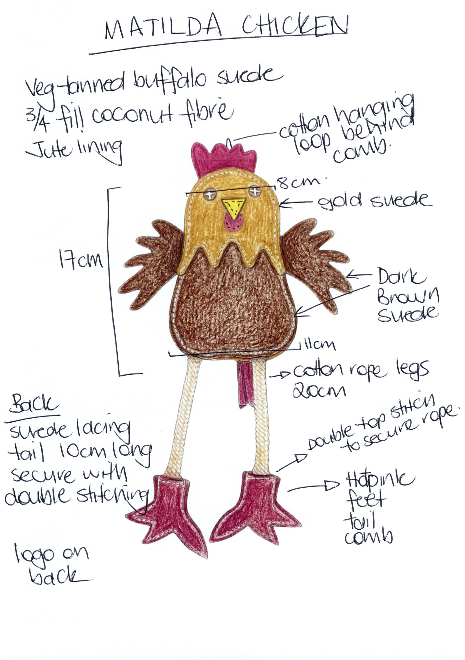 A hand-drawn diagram of "Matilda the Chicken - Brown" by Georgie Paws, a biodegradable dog toy plush, highlights its suede, coconut fibre, jute, and rope materials with annotated features and dimensions for your eco-friendly pup.