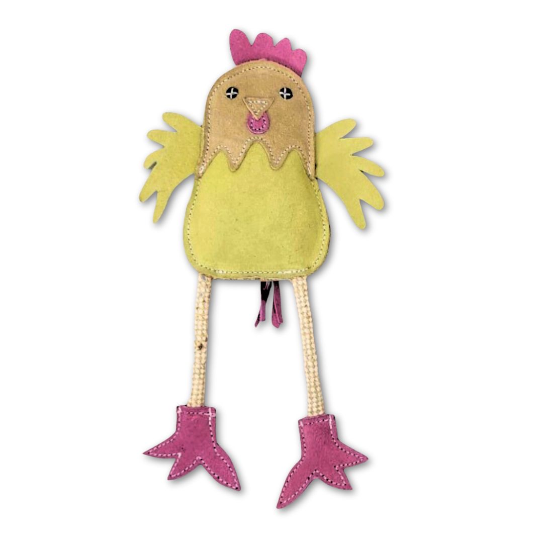 A compostable chewtoy, the cute Matilda the Chicken - Pear Green stuffed chicken is standing on a white background, made by Georgie Paws.