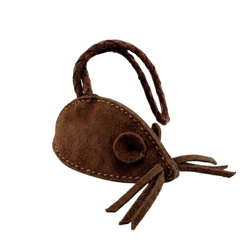 The Georgie Paws Mouse Poobag Dispenser in Carob is a small, sustainable dog accessory shaped like a mouse, crafted from suede with stitched seams, round ears, whisker strips and a braided tail. Shown against a plain white background.