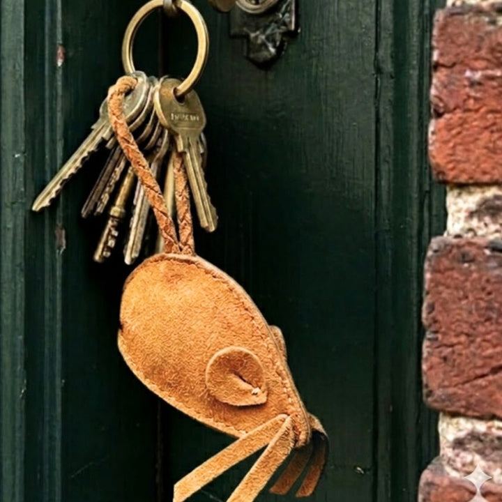 A set of keys hangs from a brass door lock. Attached to the keyring is the Georgie Paws Mouse Poobag Dispenser - Sand, a tan mouse-shaped buffalo suede dog accessory. The dark green door sits beside a brick wall on the right.