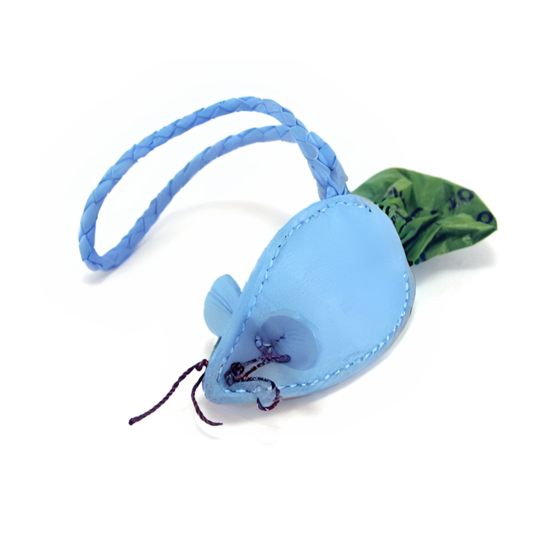 A handmade Georgie Paws blue buffalo leather fish-shaped keychain with a green fabric tail and intricate stitching, isolated on a white background.