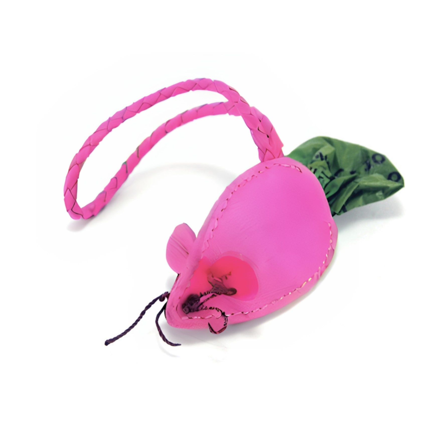 A bright pink, artificial leather Georgie Paws Mouse Poobag Dispenser with a green leafy top and wrist strap, featuring intricate stitching and a compostable drawstring closure.
