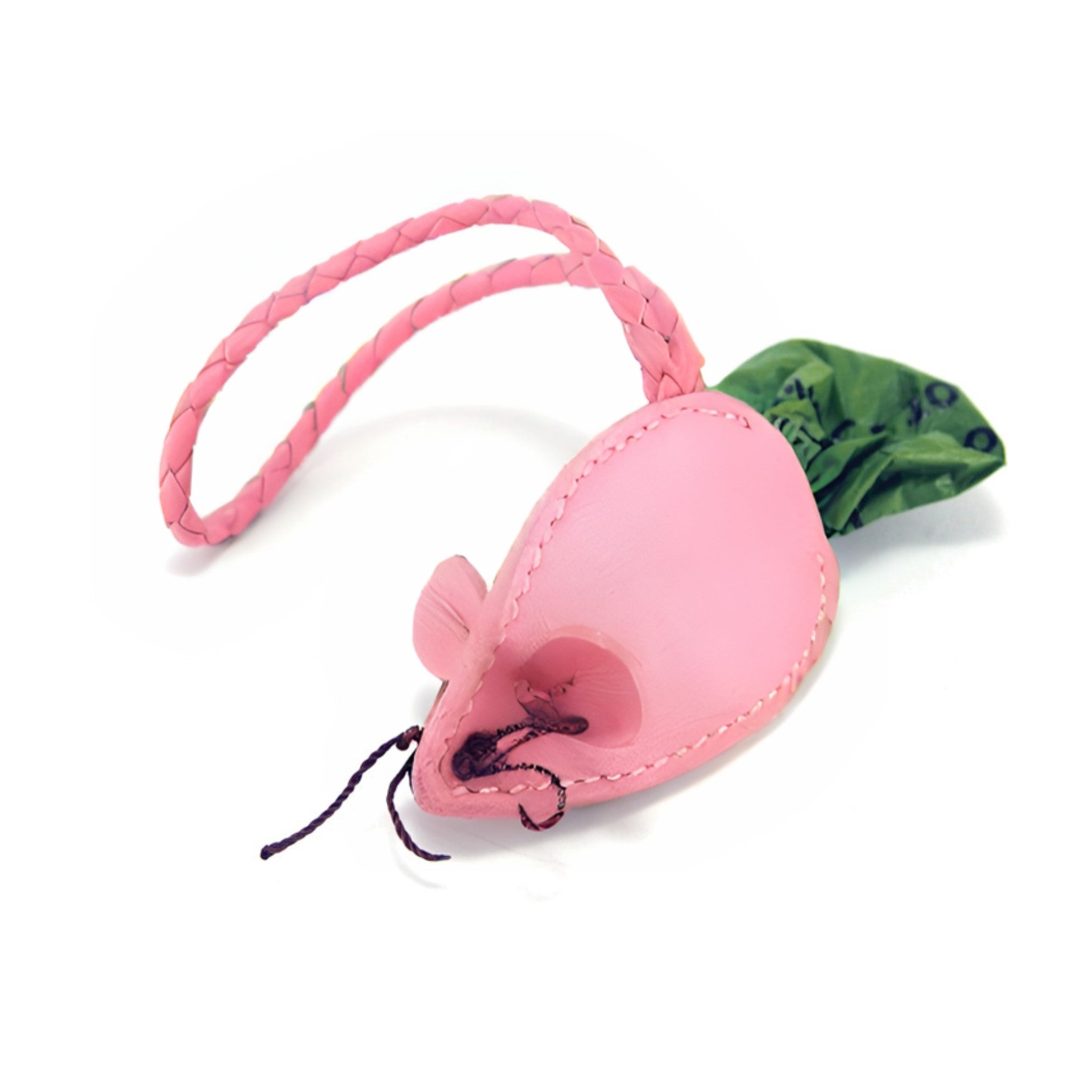 A pink, heart-shaped, braided buffalo leather Mouse Poobag Dispenser wristlet clutch with a leafy green pull-tab, displaying a unique floral-inspired design, isolated on a white background by Georgie Paws.