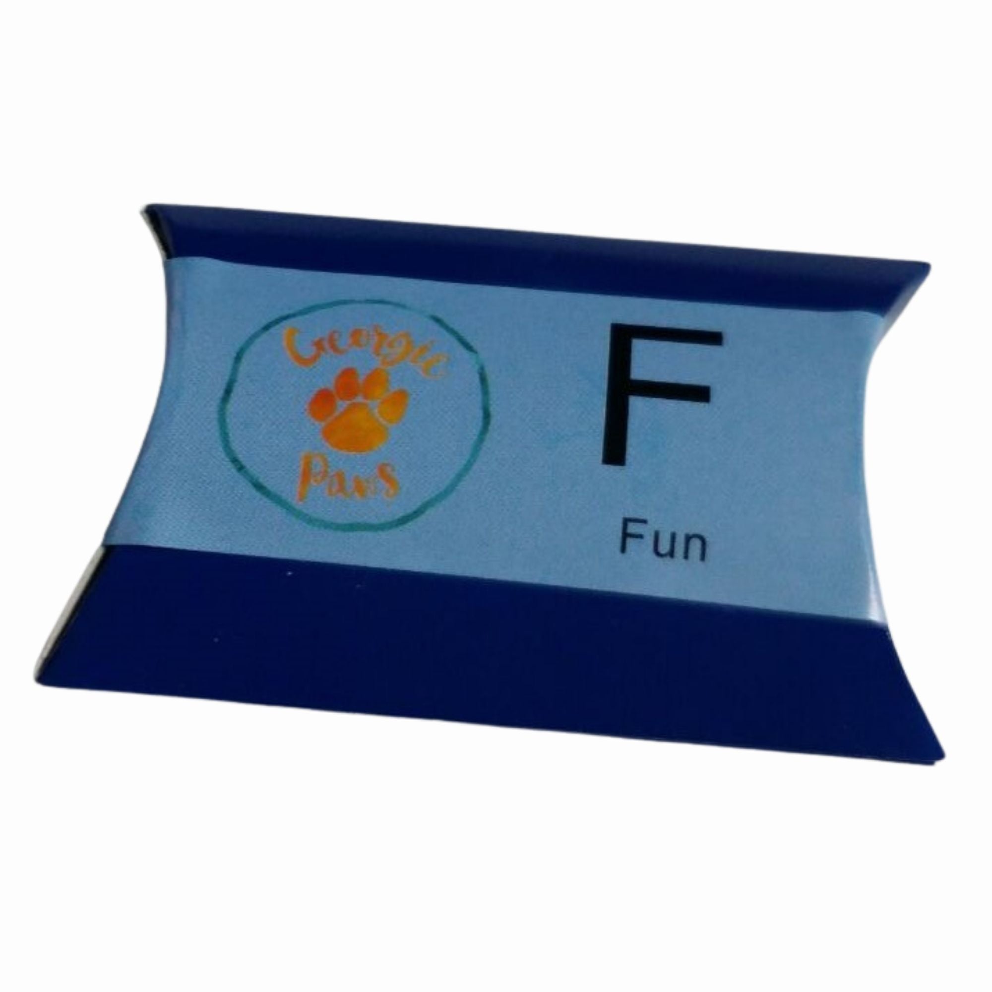A blue and white pillow-shaped box labeled "Georgie Paws" with an orange paw print, a large letter "F," and "Fun" below—ideal as a cute gift box for Georgie Paws Initials - Collar Charms.