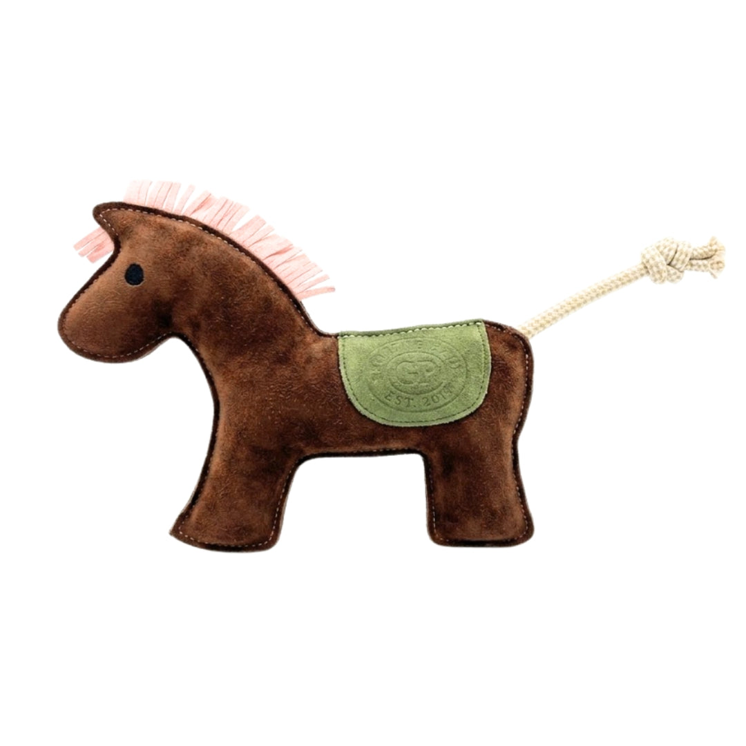 A tan suede plush dog toy in the design of a pony with rope tail, filled with coconut fibre.